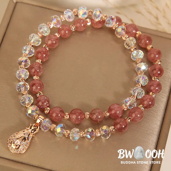 Buddha Stones Strawberry Quartz White Crystal Money Bag Charm Positive Bracelet - BWOOOH - Bracelet