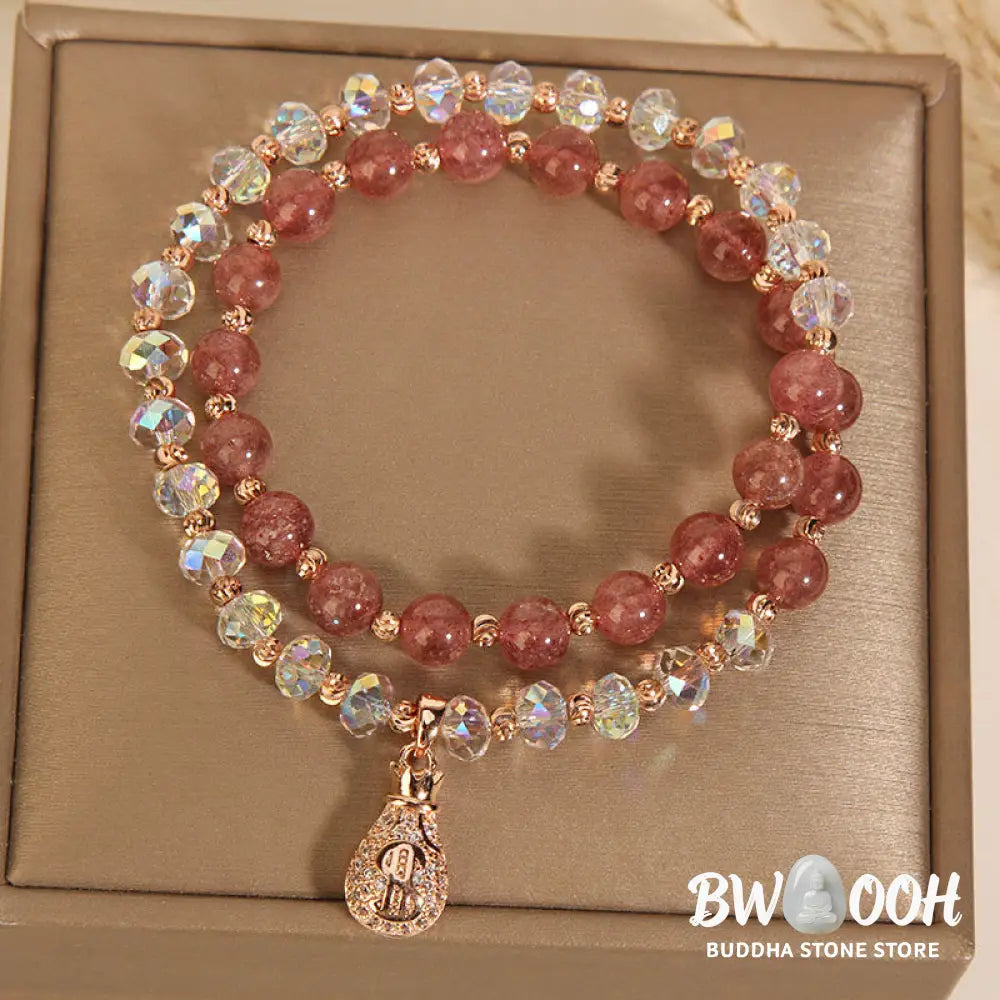 Buddha Stones Strawberry Quartz White Crystal Money Bag Charm Positive Bracelet - BWOOOH - Bracelet