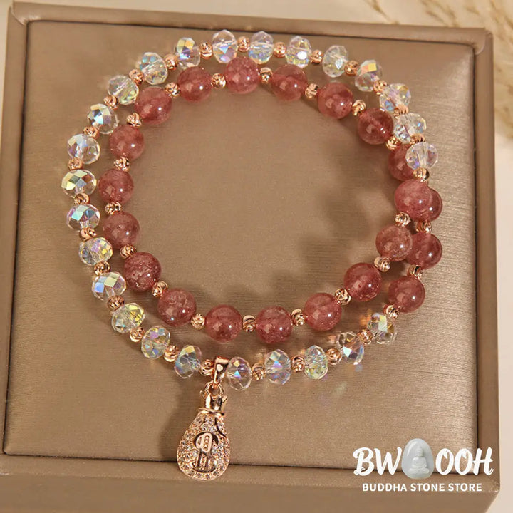 Buddha Stones Strawberry Quartz White Crystal Money Bag Charm Positive Bracelet - BWOOOH - Bracelet