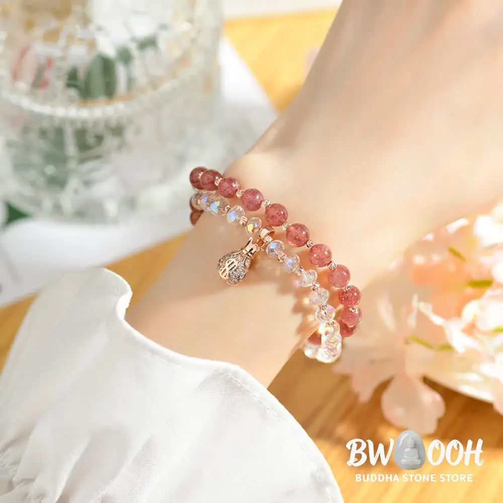 Buddha Stones Strawberry Quartz White Crystal Money Bag Charm Positive Bracelet - BWOOOH - Bracelet