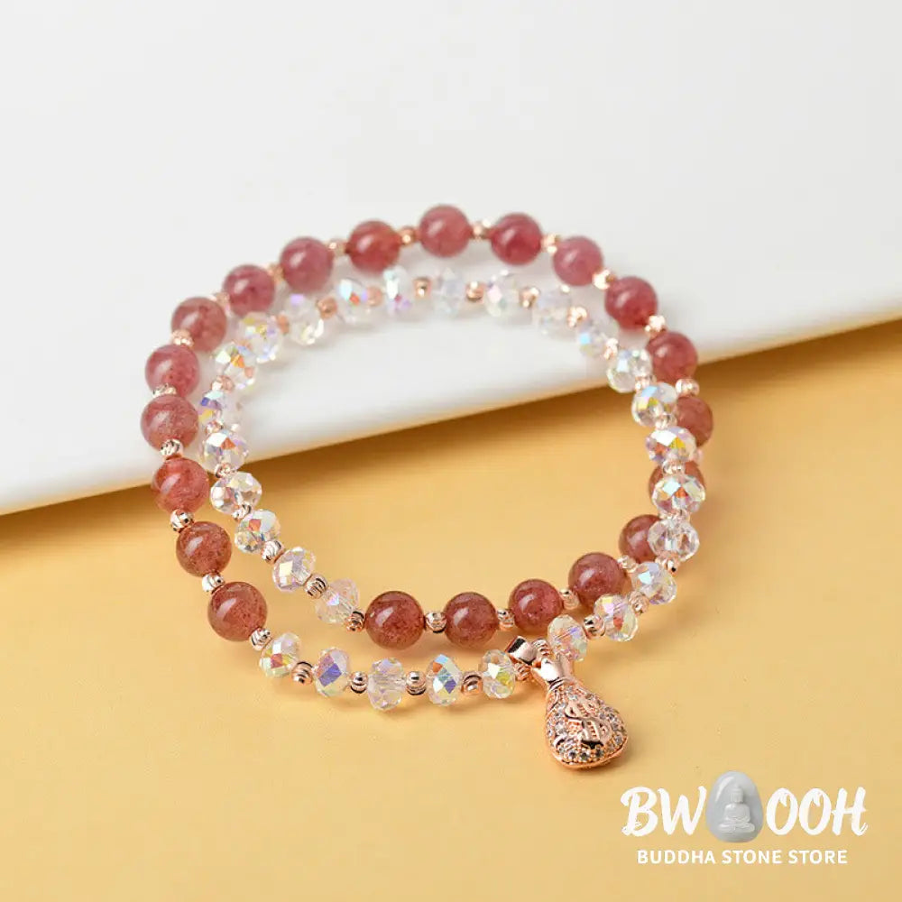 Buddha Stones Strawberry Quartz White Crystal Money Bag Charm Positive Bracelet - BWOOOH - Bracelet