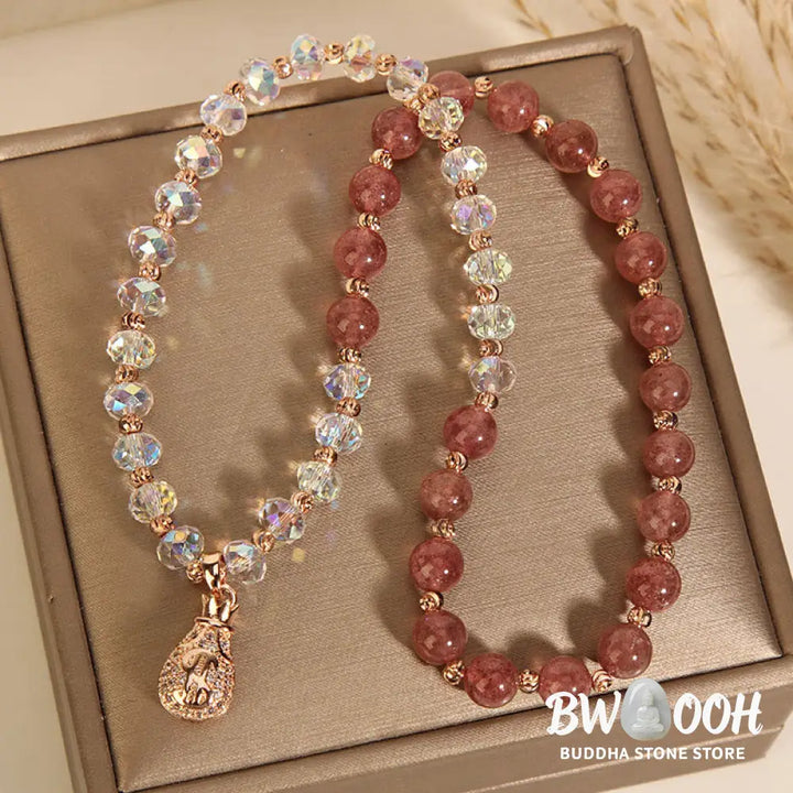 Buddha Stones Strawberry Quartz White Crystal Money Bag Charm Positive Bracelet - BWOOOH - Bracelet