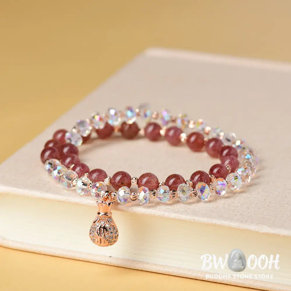 Buddha Stones Strawberry Quartz White Crystal Money Bag Charm Positive Bracelet - BWOOOH - Bracelet