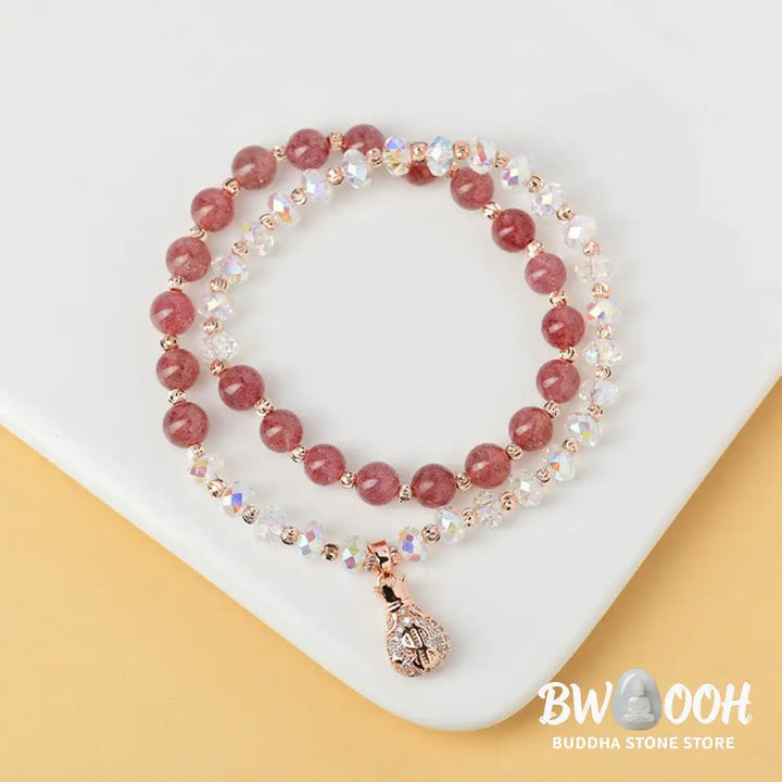 Buddha Stones Strawberry Quartz White Crystal Money Bag Charm Positive Bracelet - BWOOOH - Bracelet