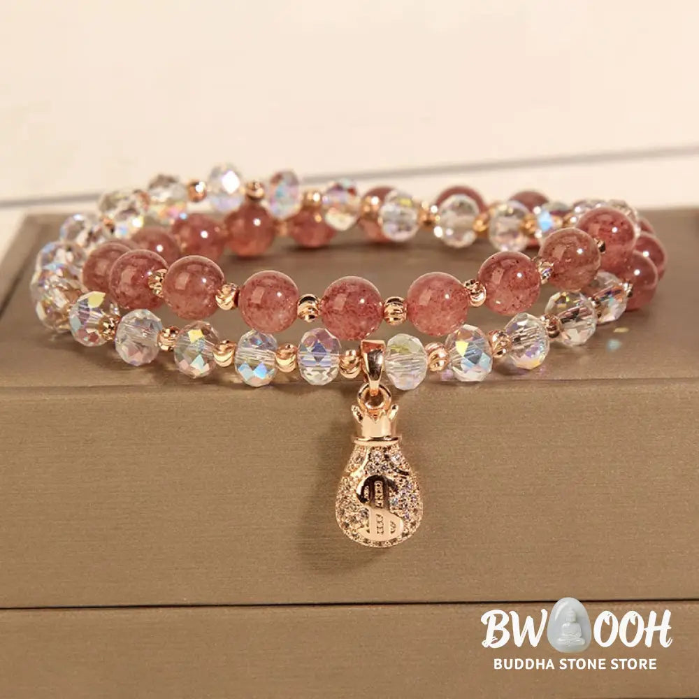 Buddha Stones Strawberry Quartz White Crystal Money Bag Charm Positive Bracelet - BWOOOH - Bracelet