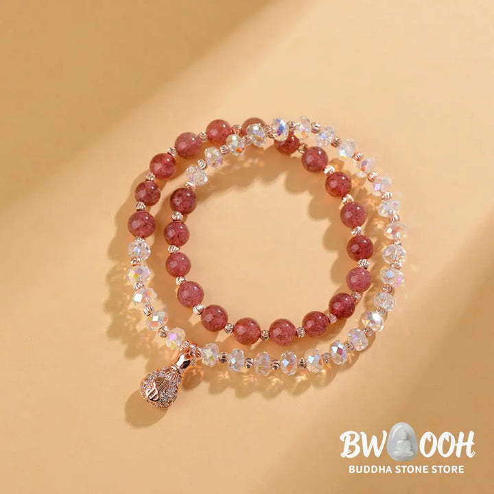 Buddha Stones Strawberry Quartz White Crystal Money Bag Charm Positive Bracelet - BWOOOH - Bracelet