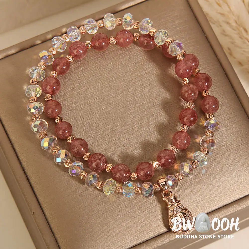 Buddha Stones Strawberry Quartz White Crystal Money Bag Charm Positive Bracelet - BWOOOH - Bracelet