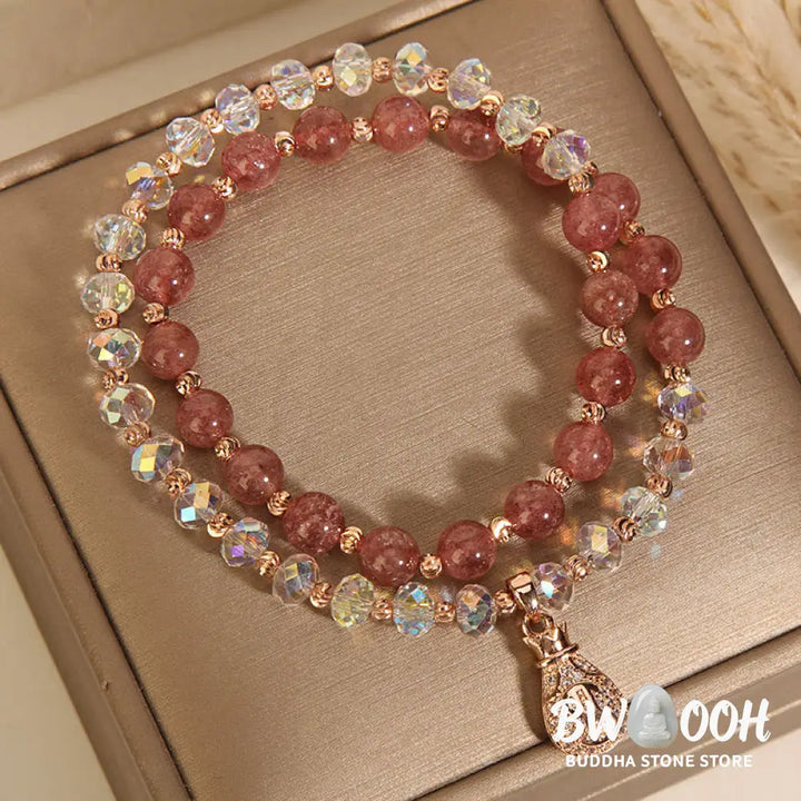 Buddha Stones Strawberry Quartz White Crystal Money Bag Charm Positive Bracelet - BWOOOH - Bracelet