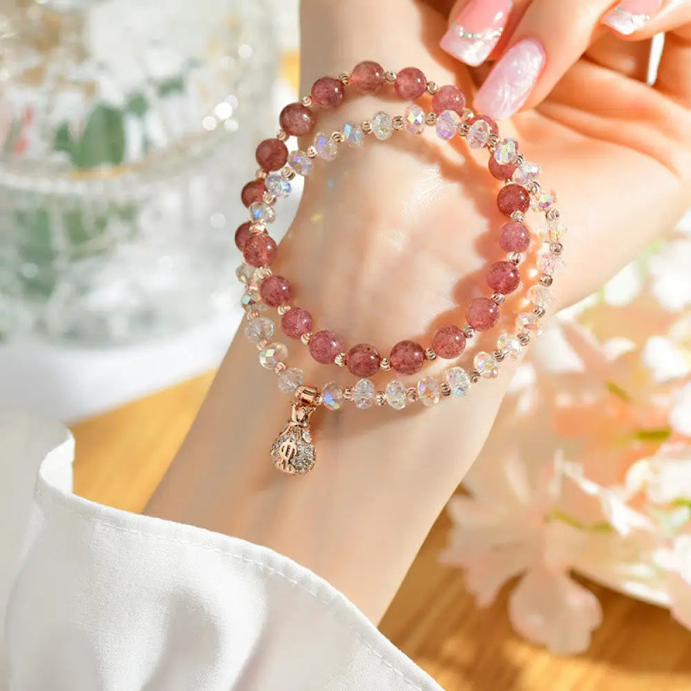 Buddha Stones Strawberry Quartz White Crystal Money Bag Charm Positive Bracelet - BWOOOH - Strawberry Quartz Double