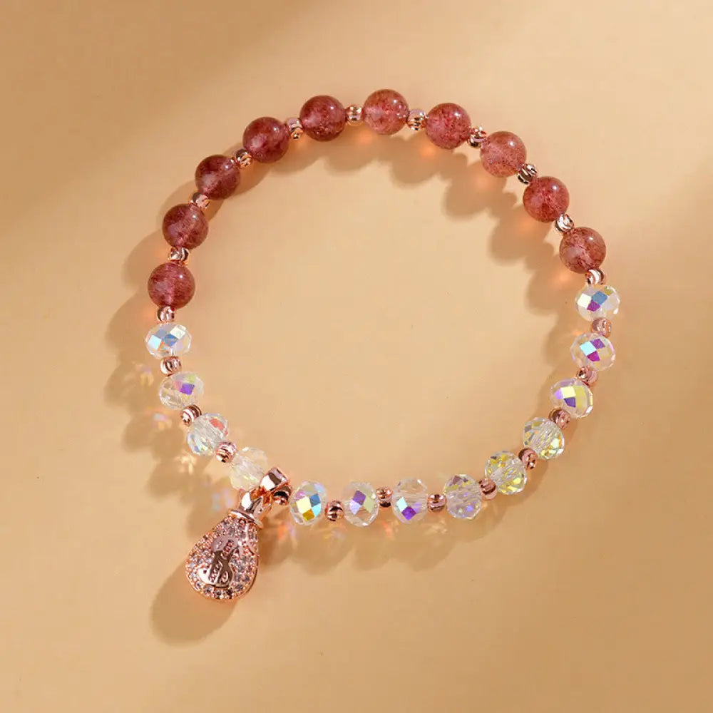 Buddha Stones Strawberry Quartz White Crystal Money Bag Charm Positive Bracelet - BWOOOH - Strawberry Quartz(Wrist