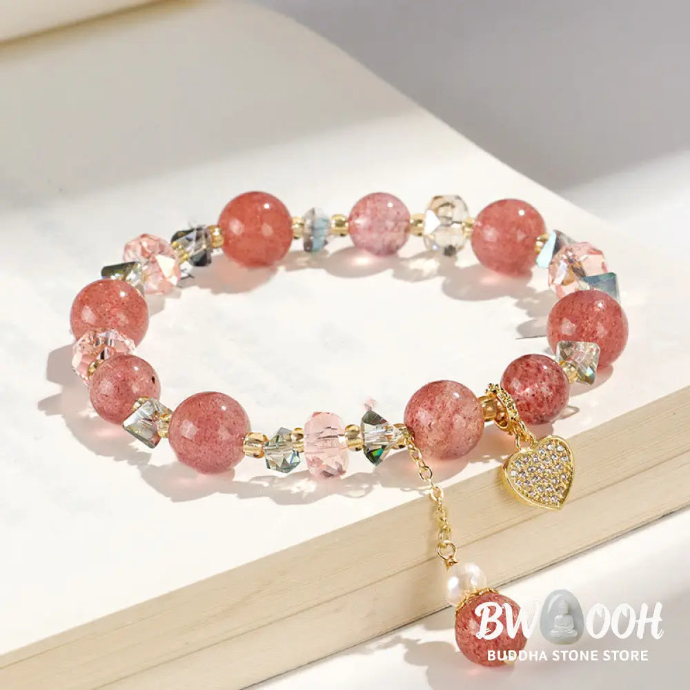 Buddha Stones Strawberry Quartz White Crystal Pearl Liuli Heart Healing Bracelet - BWOOOH - Strawberry Quartzl(Wrist