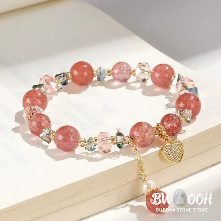 Buddha Stones Strawberry Quartz White Crystal Pearl Liuli Heart Healing Bracelet - BWOOOH - Strawberry Quartzl(Wrist