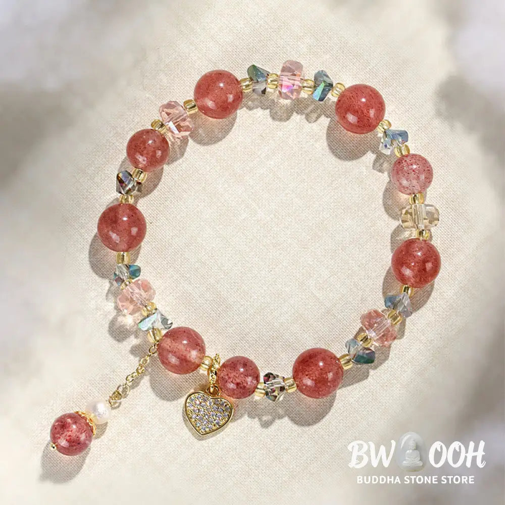 Buddha Stones Strawberry Quartz White Crystal Pearl Liuli Heart Healing Bracelet - BWOOOH - Strawberry Quartzl(Wrist