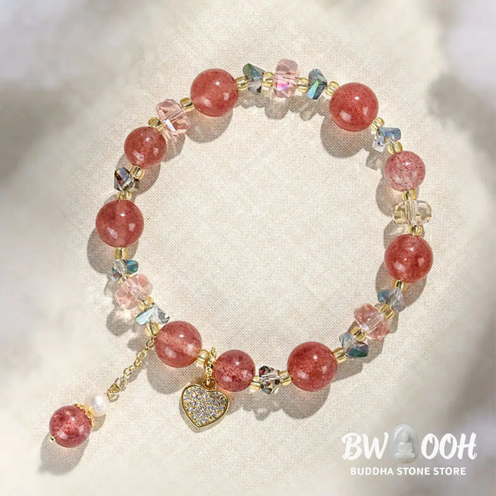 Buddha Stones Strawberry Quartz White Crystal Pearl Liuli Heart Healing Bracelet - BWOOOH - Strawberry Quartzl(Wrist