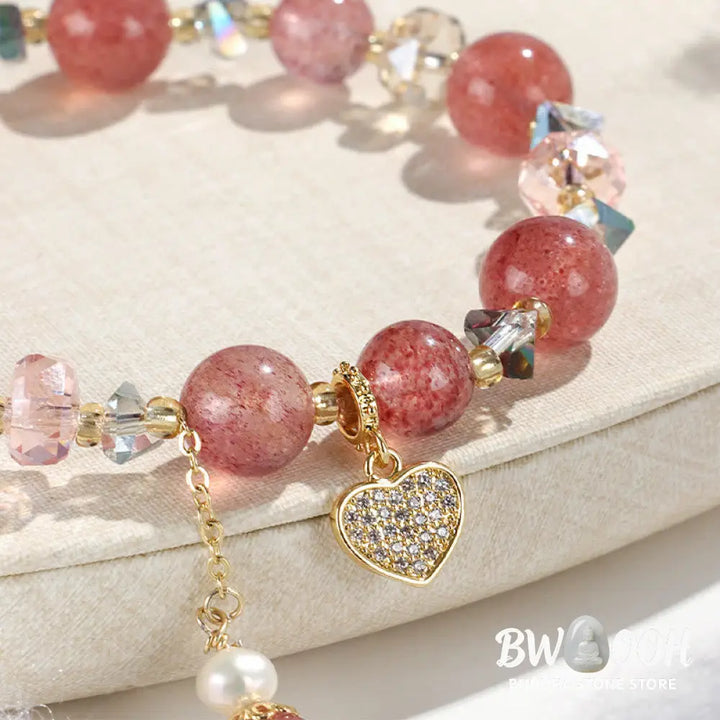 Buddha Stones Strawberry Quartz White Crystal Pearl Liuli Heart Healing Bracelet - BWOOOH - Strawberry Quartzl(Wrist