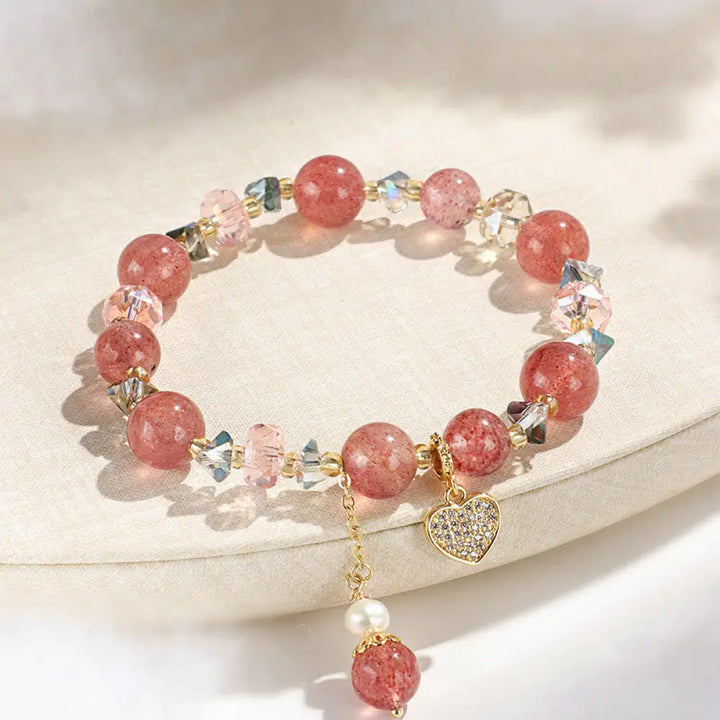 BWOOOH Strawberry Quartz White Crystal Pearl Liuli Heart Healing Bracelet - BWOOOH - Strawberry Quartzl(Wrist