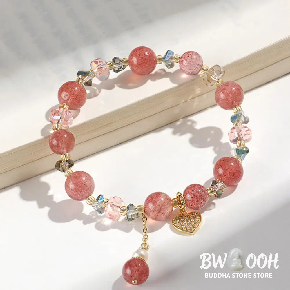 Buddha Stones Strawberry Quartz White Crystal Pearl Liuli Heart Healing Bracelet - BWOOOH - Strawberry Quartzl(Wrist