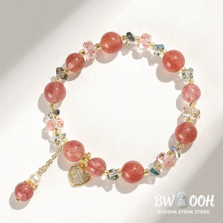 Buddha Stones Strawberry Quartz White Crystal Pearl Liuli Heart Healing Bracelet - BWOOOH - Strawberry Quartzl(Wrist
