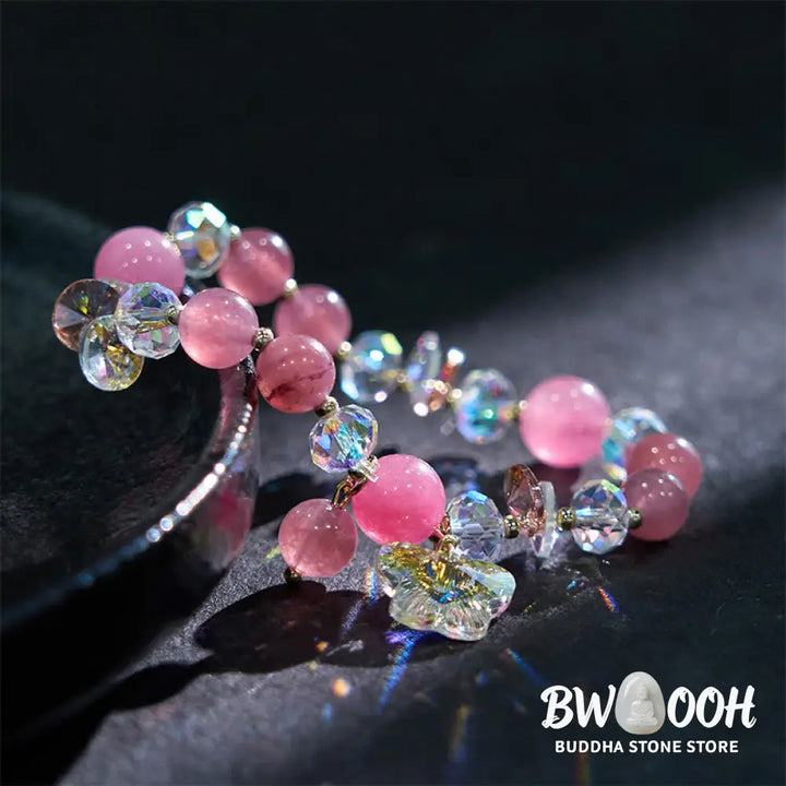 Buddha Stones Strawberry Quartz White Crystal Pink Crystal Butterfly Love Bracelet - BWOOOH - Strawberry Quartz(Wrist