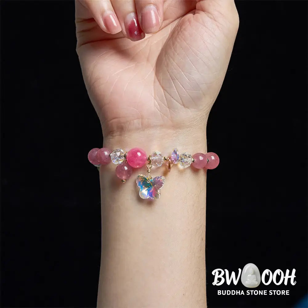 Buddha Stones Strawberry Quartz White Crystal Pink Crystal Butterfly Love Bracelet - BWOOOH - Strawberry Quartz(Wrist