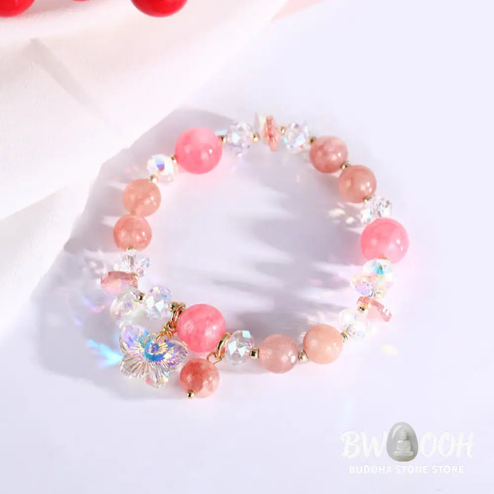 Buddha Stones Strawberry Quartz White Crystal Pink Crystal Butterfly Love Bracelet - BWOOOH - Strawberry Quartz(Wrist