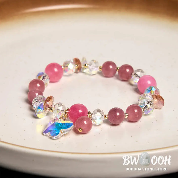 Buddha Stones Strawberry Quartz White Crystal Pink Crystal Butterfly Love Bracelet - BWOOOH - Strawberry Quartz(Wrist