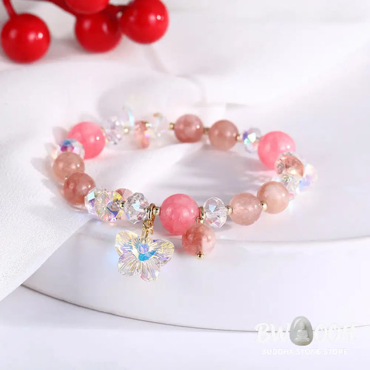 Buddha Stones Strawberry Quartz White Crystal Pink Crystal Butterfly Love Bracelet - BWOOOH - Strawberry Quartz(Wrist