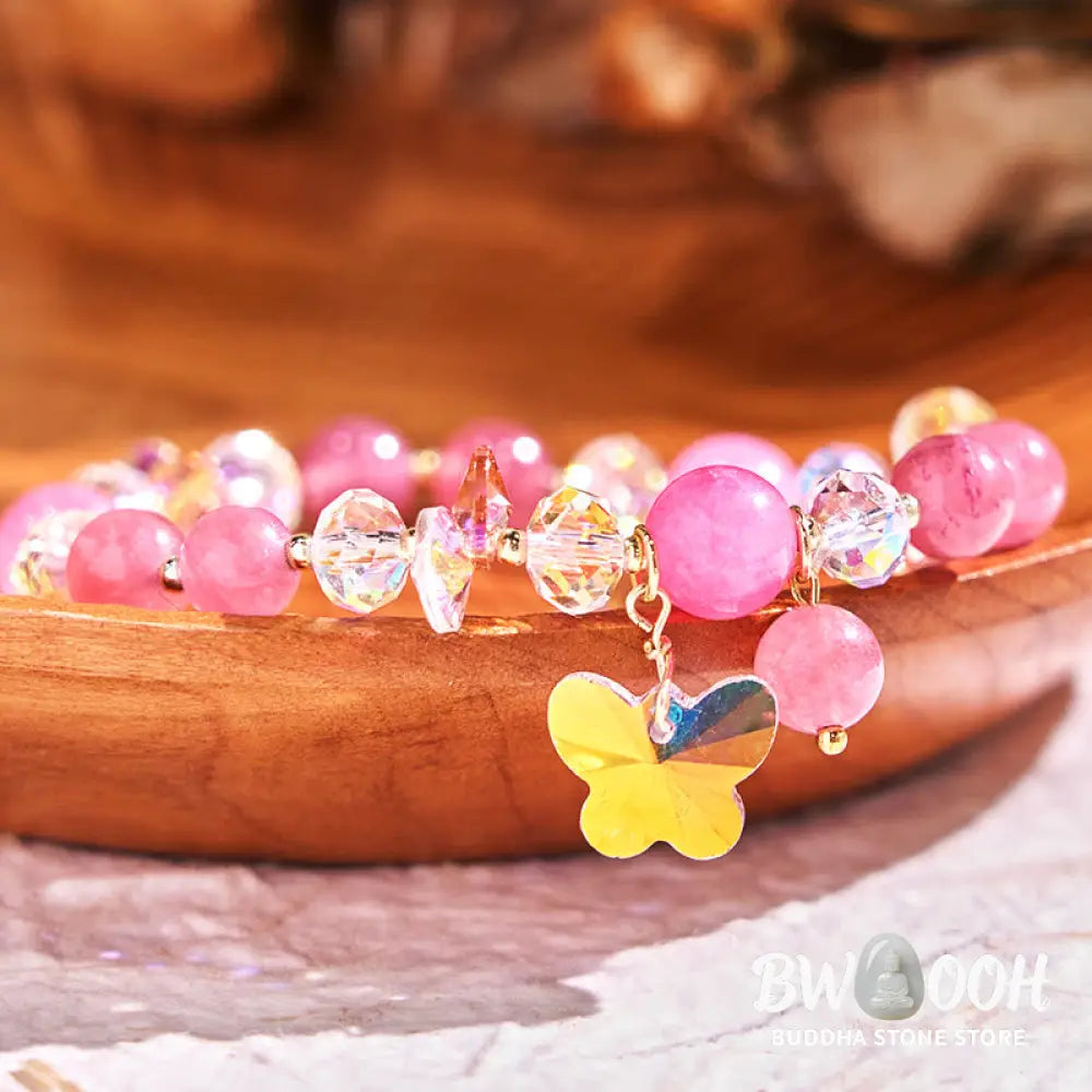 Buddha Stones Strawberry Quartz White Crystal Pink Crystal Butterfly Love Bracelet - BWOOOH - Strawberry Quartz(Wrist