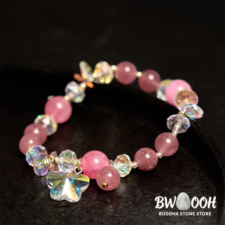 Buddha Stones Strawberry Quartz White Crystal Pink Crystal Butterfly Love Bracelet - BWOOOH - Strawberry Quartz(Wrist