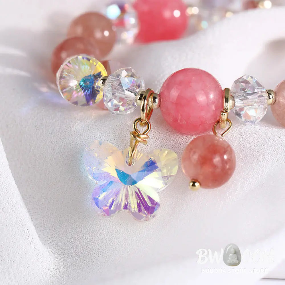 Buddha Stones Strawberry Quartz White Crystal Pink Crystal Butterfly Love Bracelet - BWOOOH - Strawberry Quartz(Wrist