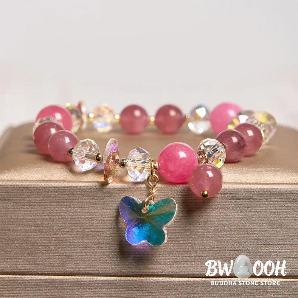 Buddha Stones Strawberry Quartz White Crystal Pink Crystal Butterfly Love Bracelet - BWOOOH - Strawberry Quartz(Wrist