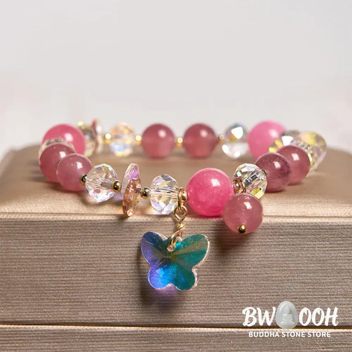 Buddha Stones Strawberry Quartz White Crystal Pink Crystal Butterfly Love Bracelet - BWOOOH - Strawberry Quartz(Wrist