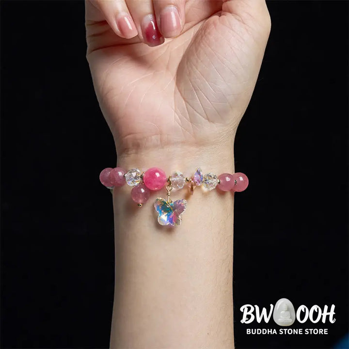 Buddha Stones Strawberry Quartz White Crystal Pink Crystal Butterfly Love Bracelet - BWOOOH - Strawberry Quartz(Wrist