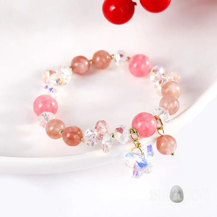 Buddha Stones Strawberry Quartz White Crystal Pink Crystal Butterfly Love Bracelet - BWOOOH - Strawberry Quartz(Wrist