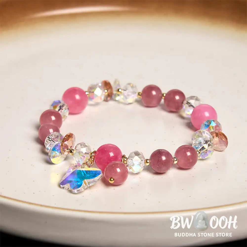 Buddha Stones Strawberry Quartz White Crystal Pink Crystal Butterfly Love Bracelet - BWOOOH - Strawberry Quartz(Wrist