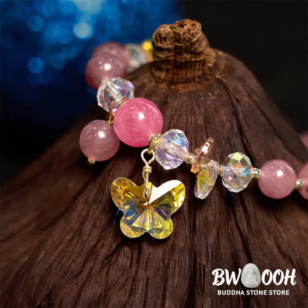 Buddha Stones Strawberry Quartz White Crystal Pink Crystal Butterfly Love Bracelet - BWOOOH - Strawberry Quartz(Wrist