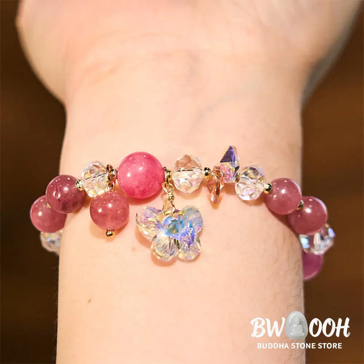 Buddha Stones Strawberry Quartz White Crystal Pink Crystal Butterfly Love Bracelet - BWOOOH - Strawberry Quartz(Wrist