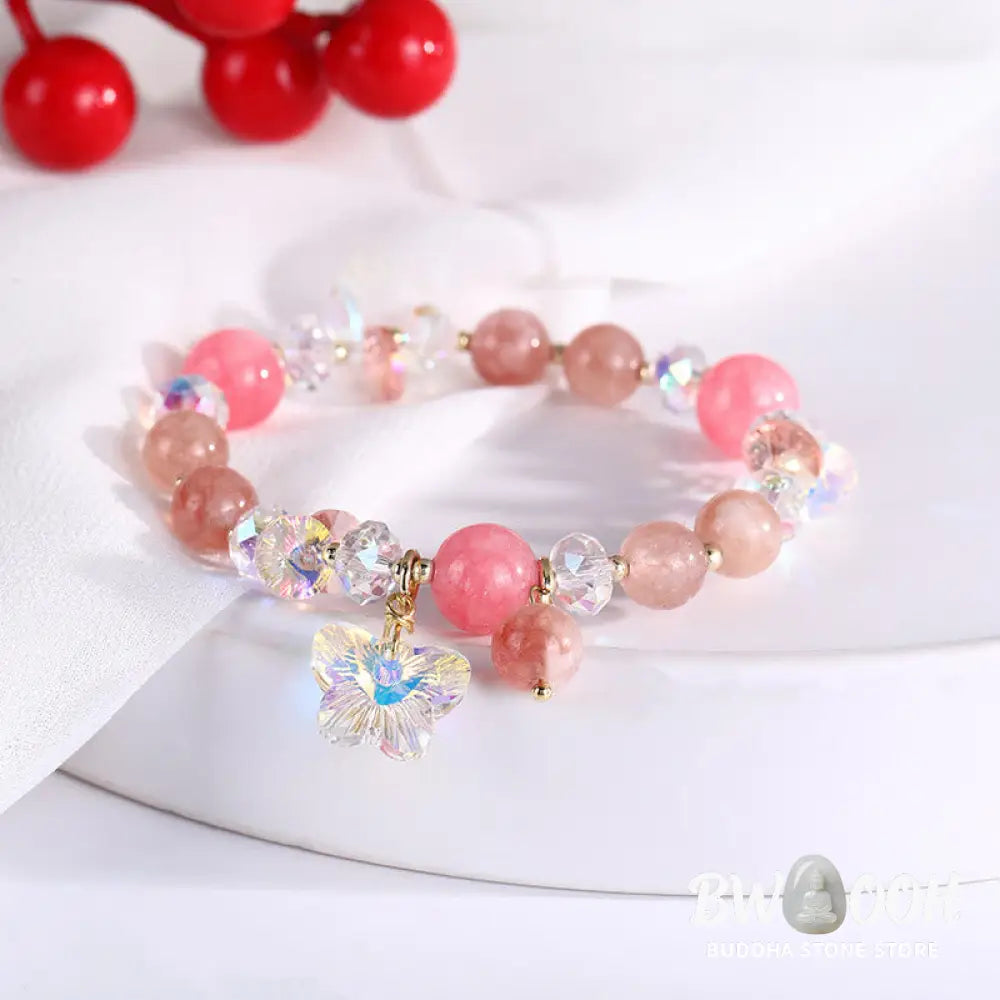 Buddha Stones Strawberry Quartz White Crystal Pink Crystal Butterfly Love Bracelet - BWOOOH - Strawberry Quartz(Wrist