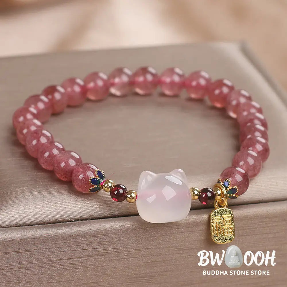 Buddha Stones Strawberry Quartz White Jade Cat Fu Character Healing Bracelet - BWOOOH - Strawberry Quartz White