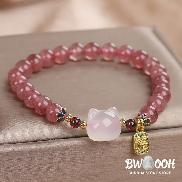 Buddha Stones Strawberry Quartz White Jade Cat Fu Character Healing Bracelet - BWOOOH - Strawberry Quartz White