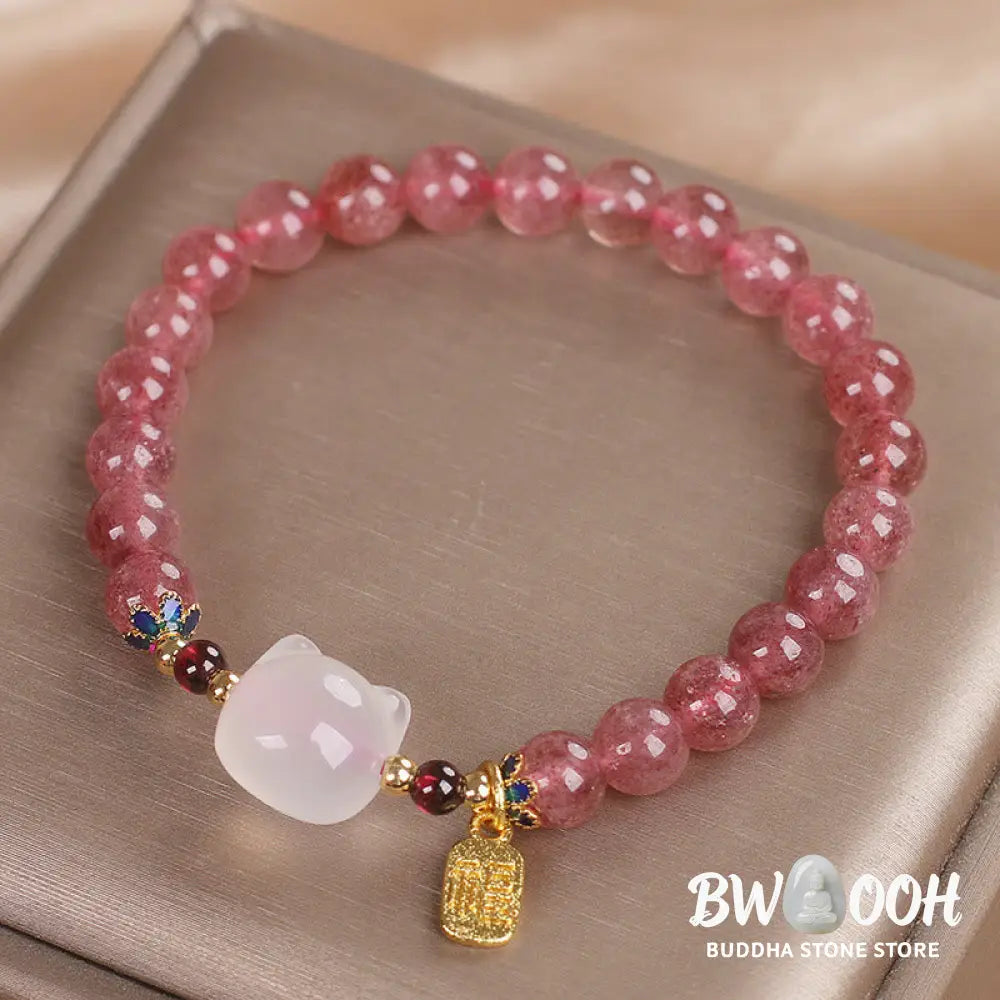 Buddha Stones Strawberry Quartz White Jade Cat Fu Character Healing Bracelet - BWOOOH - Strawberry Quartz White