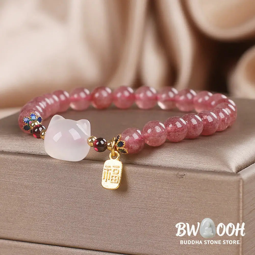 Buddha Stones Strawberry Quartz White Jade Cat Fu Character Healing Bracelet - BWOOOH - Strawberry Quartz White