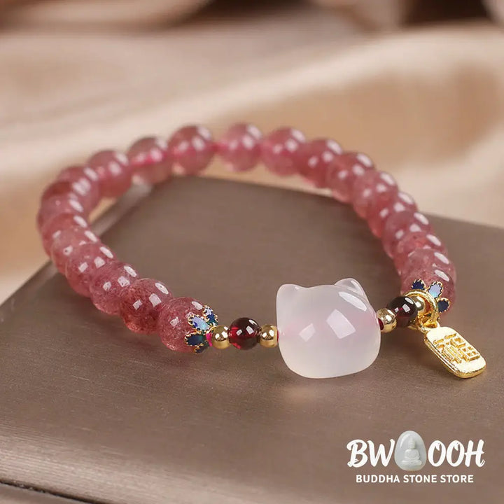 Buddha Stones Strawberry Quartz White Jade Cat Fu Character Healing Bracelet - BWOOOH - Strawberry Quartz White