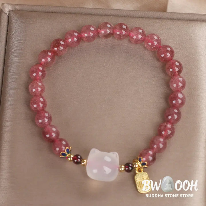 Buddha Stones Strawberry Quartz White Jade Cat Fu Character Healing Bracelet - BWOOOH - Strawberry Quartz White