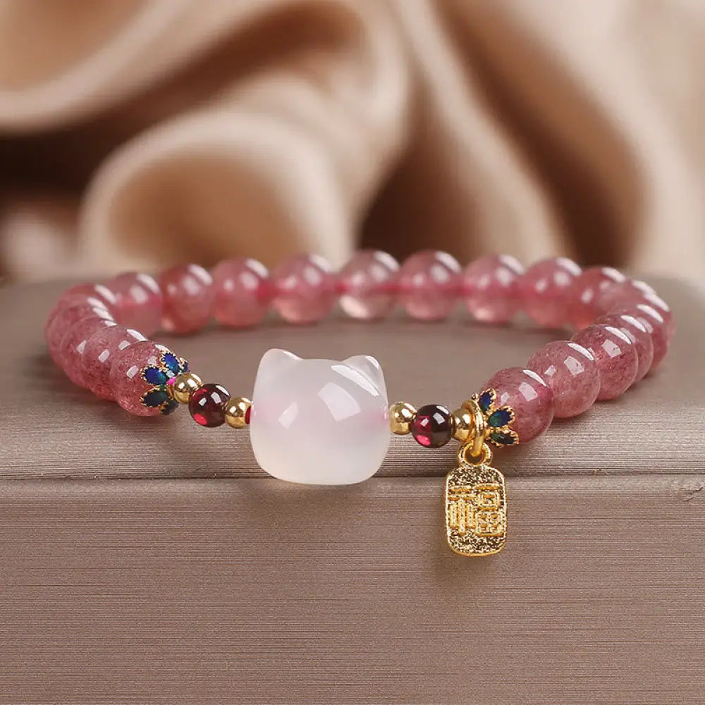 BWOOOH Strawberry Quartz White Jade Cat Fu Character Healing Bracelet - BWOOOH - Strawberry Quartz White