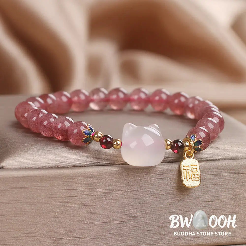Buddha Stones Strawberry Quartz White Jade Cat Fu Character Healing Bracelet - BWOOOH - Strawberry Quartz White