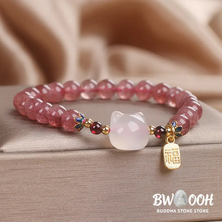 Buddha Stones Strawberry Quartz White Jade Cat Fu Character Healing Bracelet - BWOOOH - Strawberry Quartz White