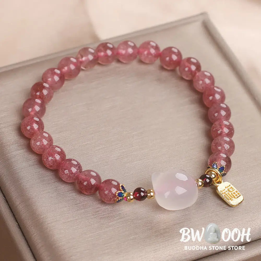 Buddha Stones Strawberry Quartz White Jade Cat Fu Character Healing Bracelet - BWOOOH - Strawberry Quartz White