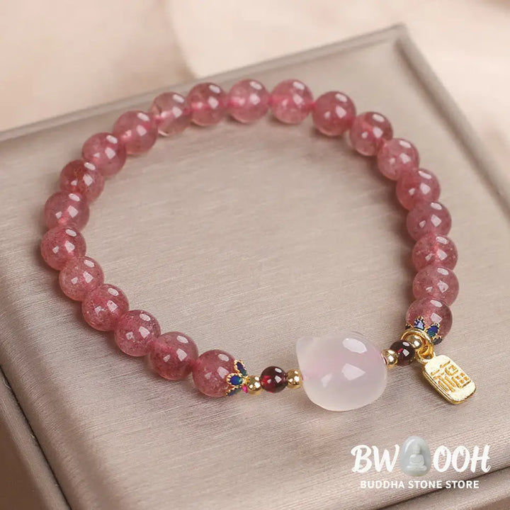 Buddha Stones Strawberry Quartz White Jade Cat Fu Character Healing Bracelet - BWOOOH - Strawberry Quartz White