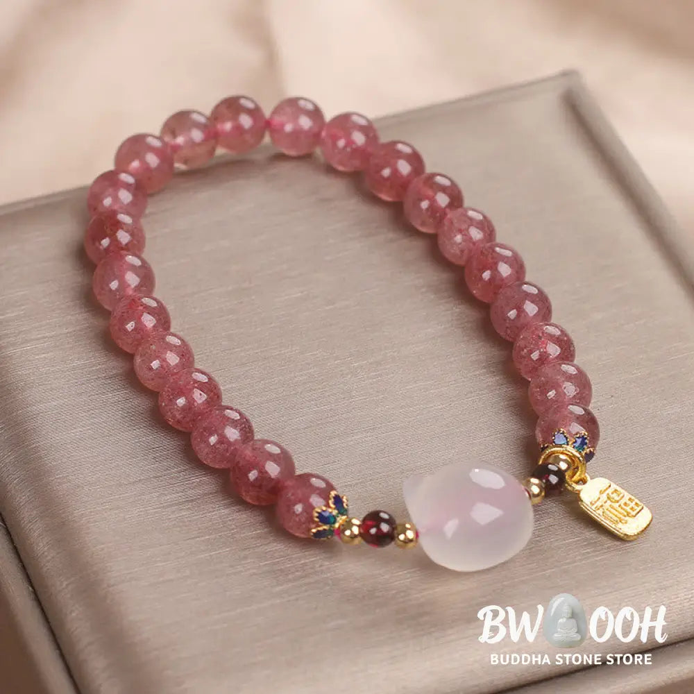 Buddha Stones Strawberry Quartz White Jade Cat Fu Character Healing Bracelet - BWOOOH - Strawberry Quartz White
